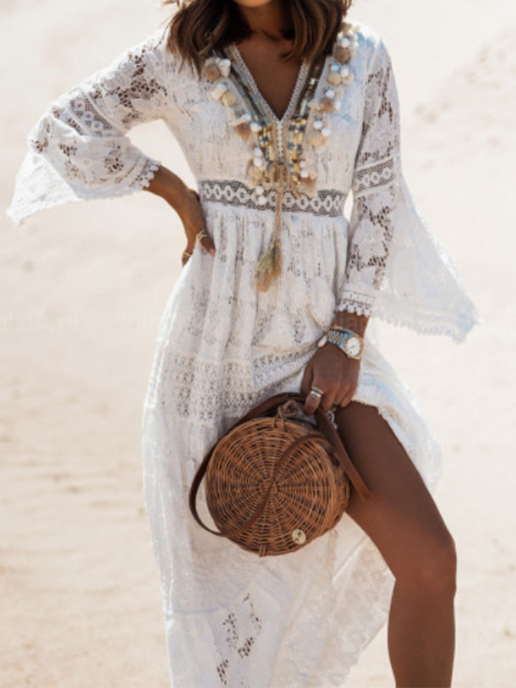 Crochet Lace V-Neck Bell-Sleeve Tassel Boho Maxi Dress
