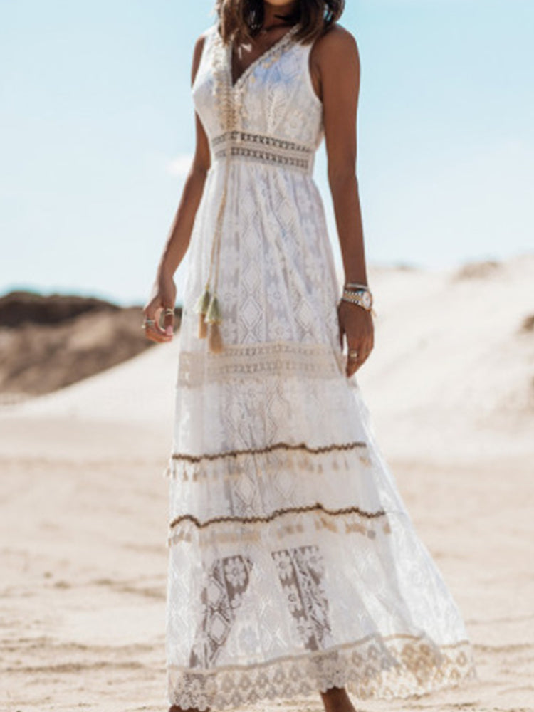 Crochet Lace V-Neck Bell-Sleeve Tassel Boho Maxi Dress 5