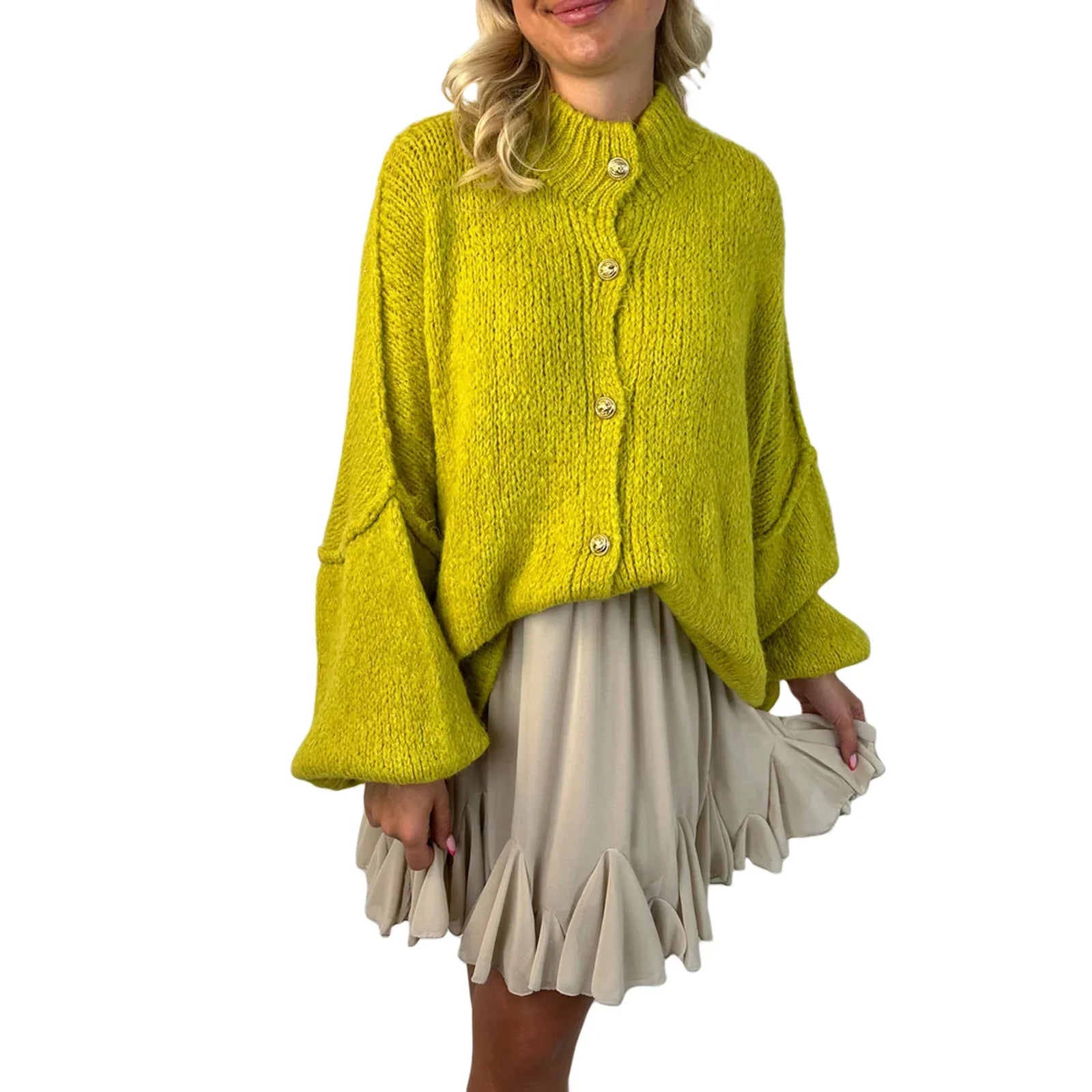 Lantern Sleeve Stand Collar Cardigan