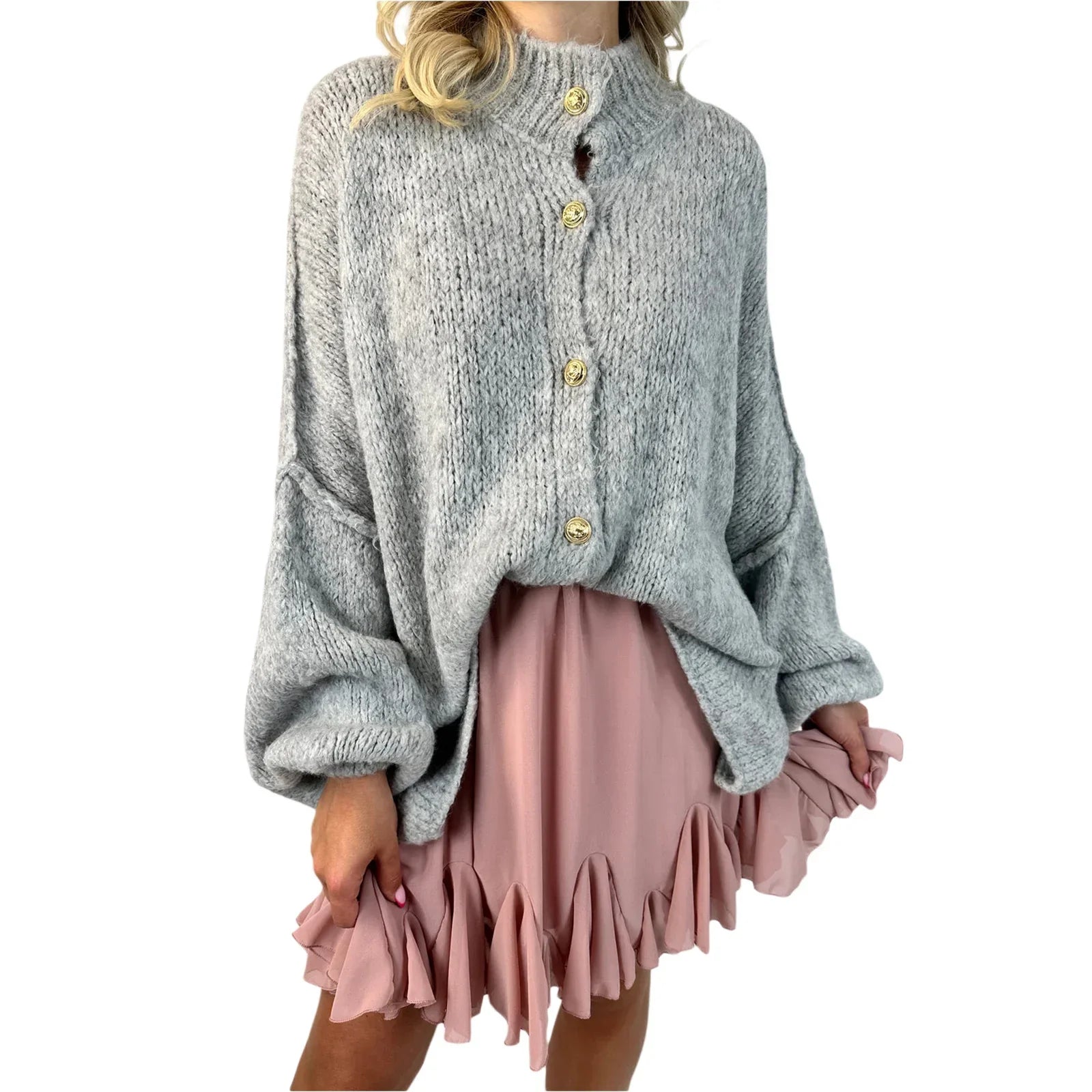 Lantern Sleeve Stand Collar Cardigan