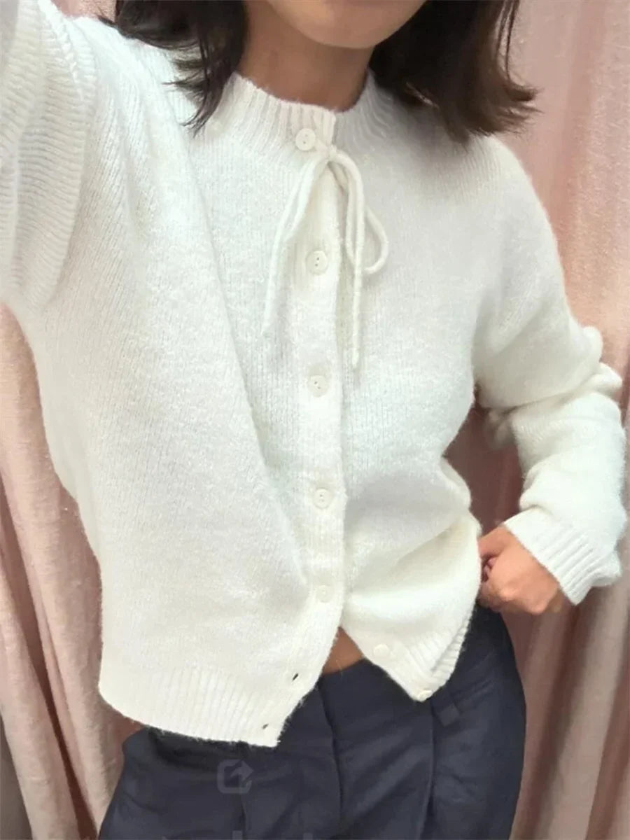 Tie-up Button Solid Knit Cardigan