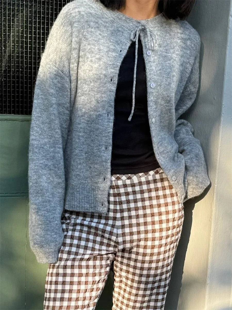 Tie-up Button Solid Knit Cardigan