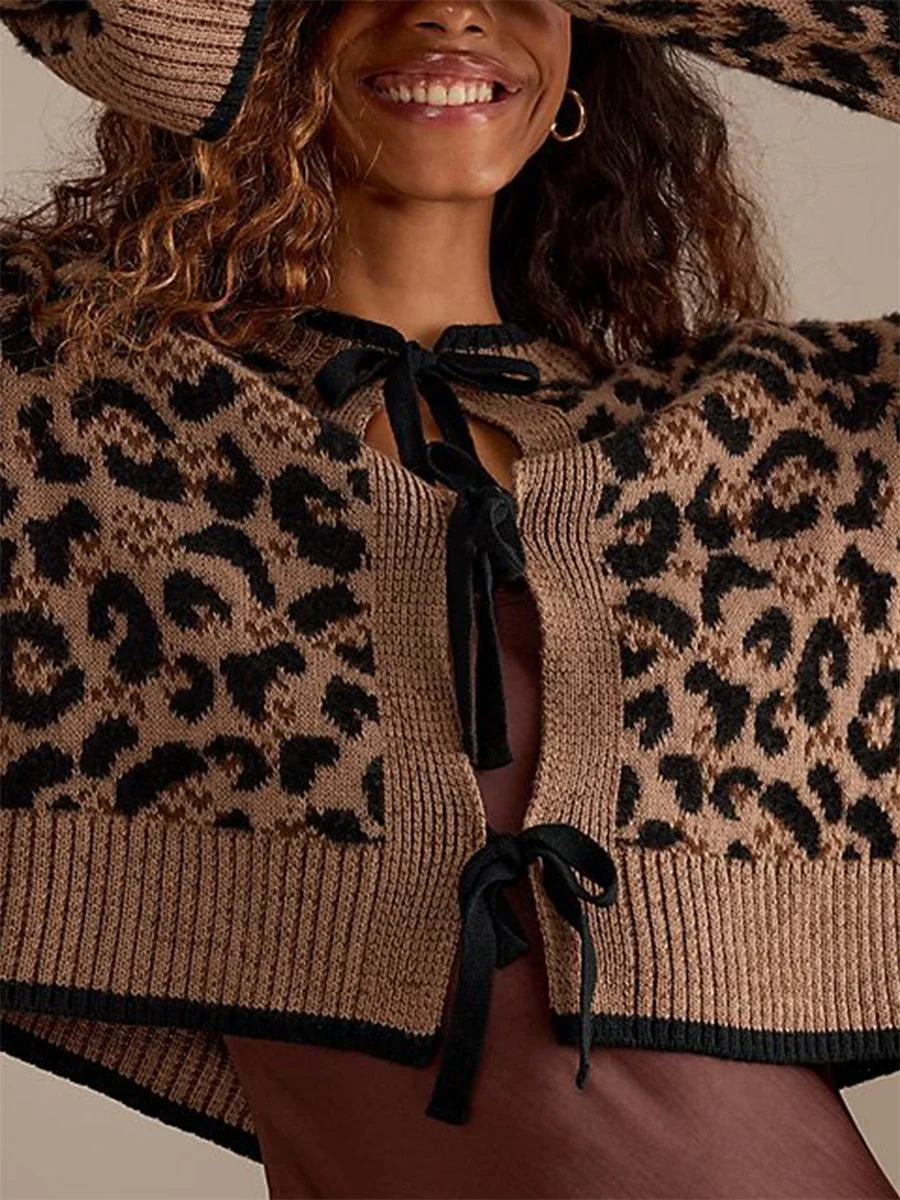 Leopard Print Ribbed Tie Front Knit Cardigan