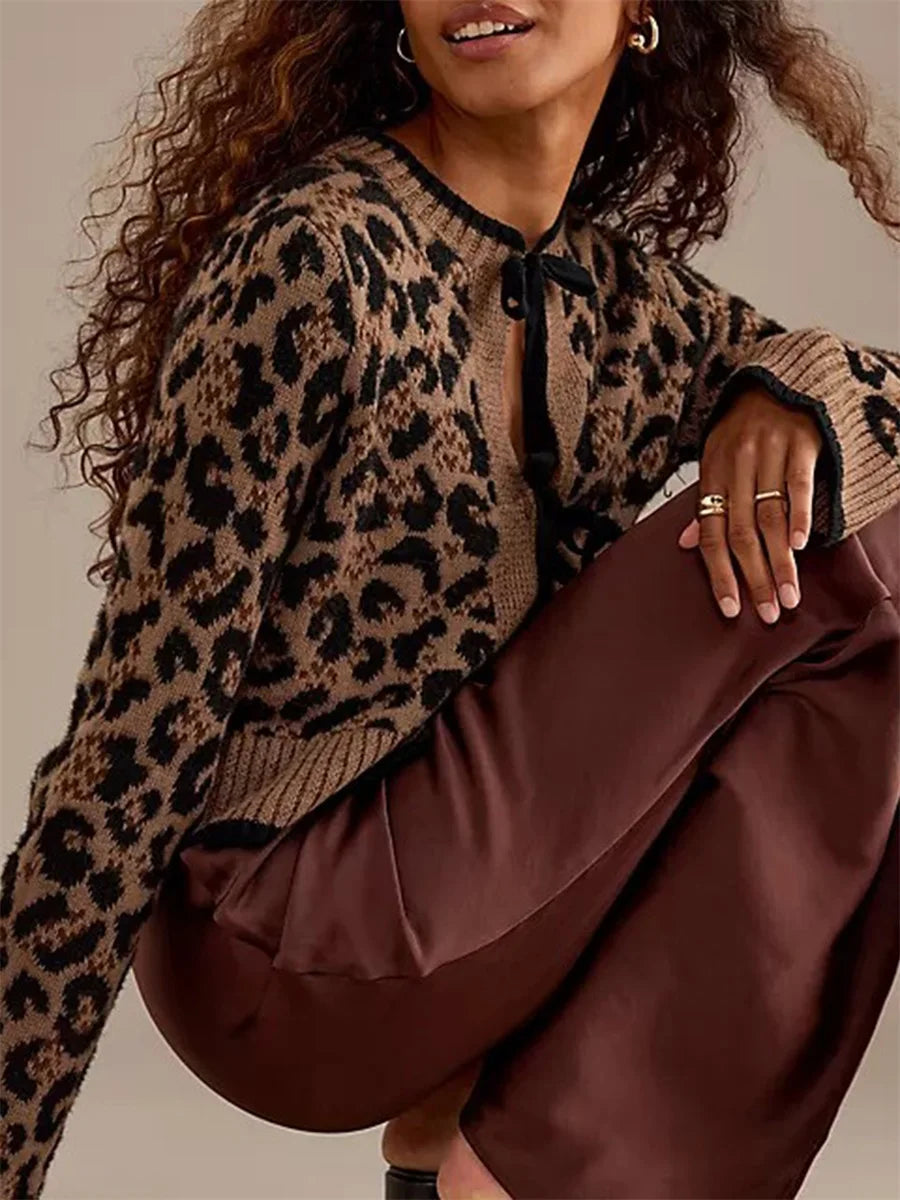 Leopard Print Ribbed Tie Front Knit Cardigan