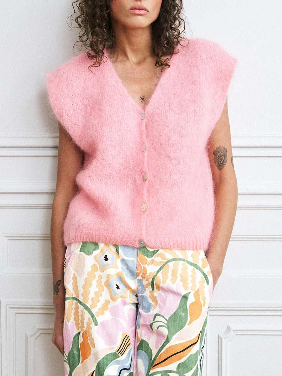 Colorful Furry Button-Up Sleeveless Cardigan