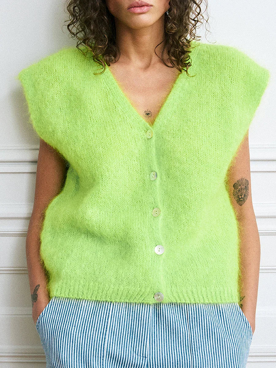 Colorful Furry Button-Up Sleeveless Cardigan