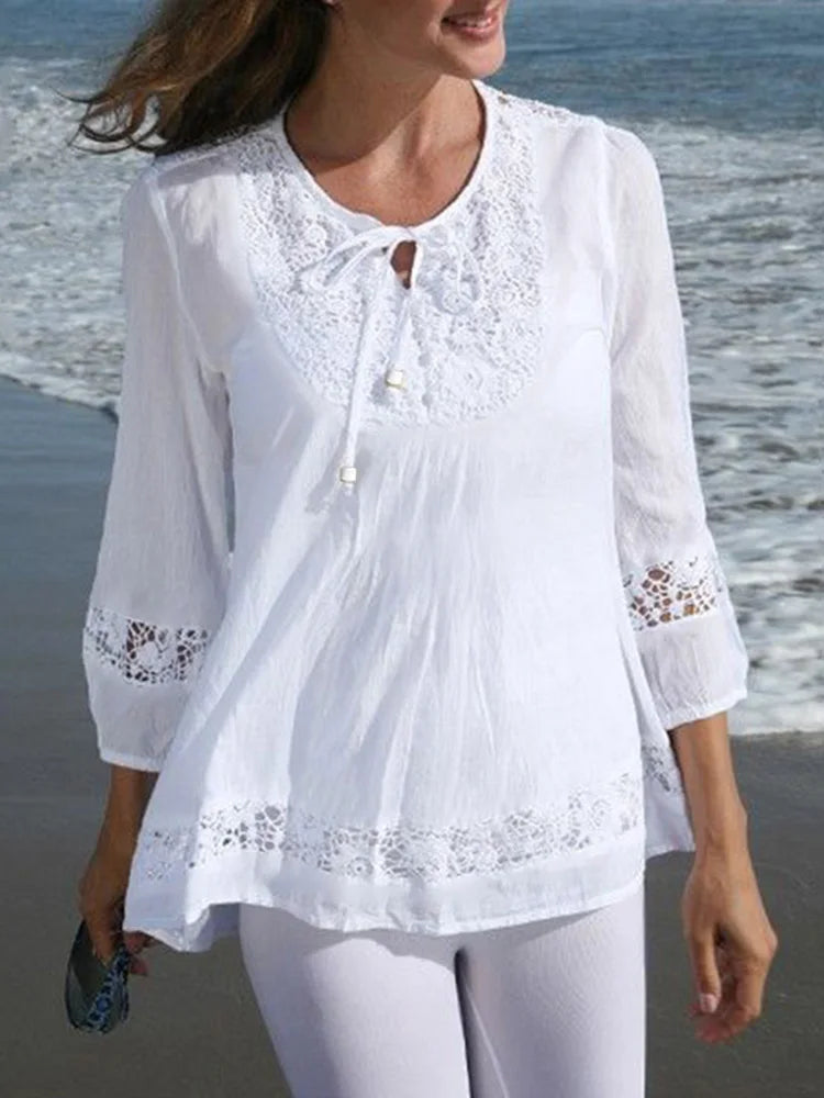 Lace Crochet Casual Patchwork Blouse WHITE / S blouse-250126
