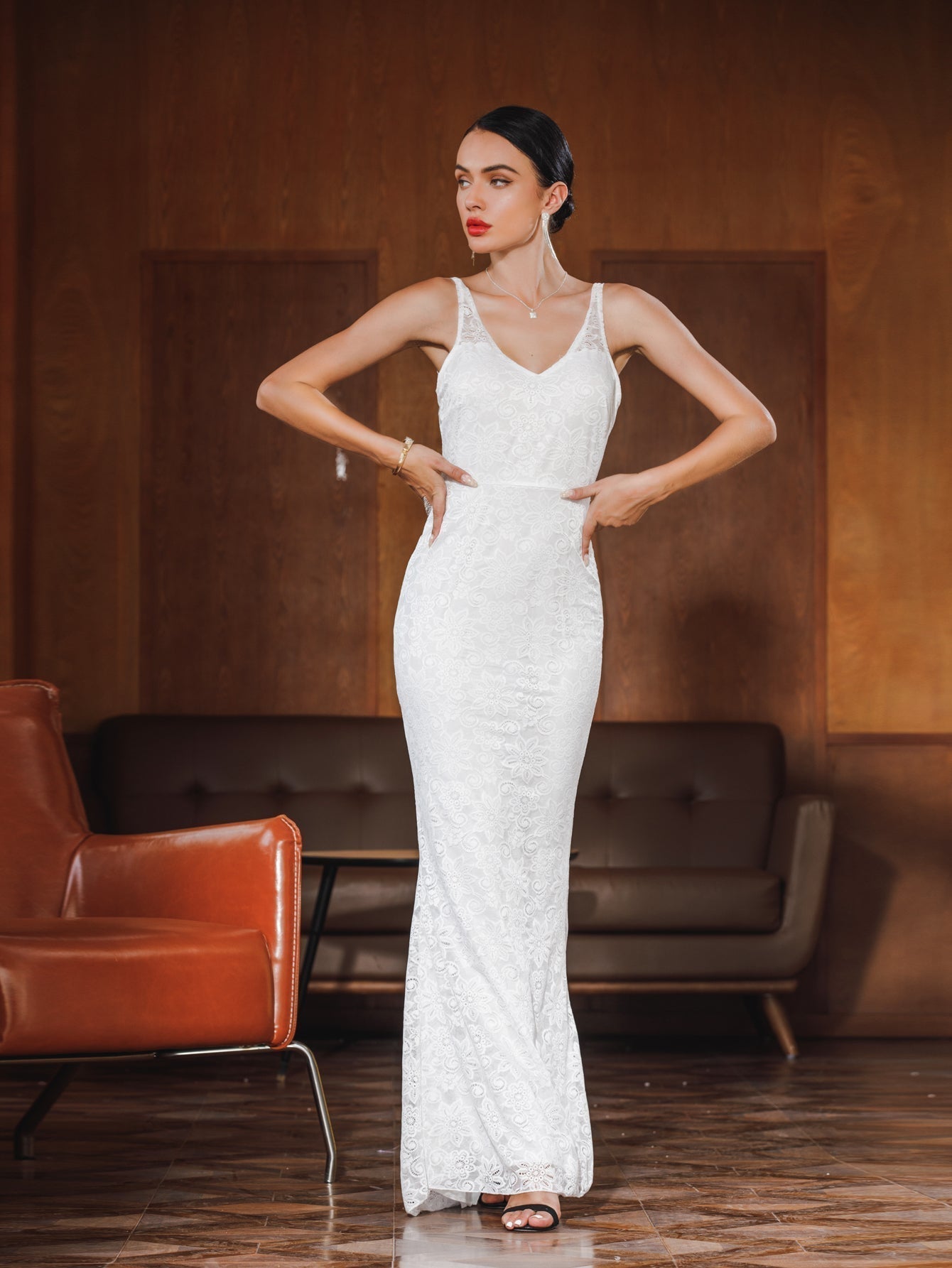 Women Lace Halter V Neck Sexy Evening Party Dress - Fashionpara