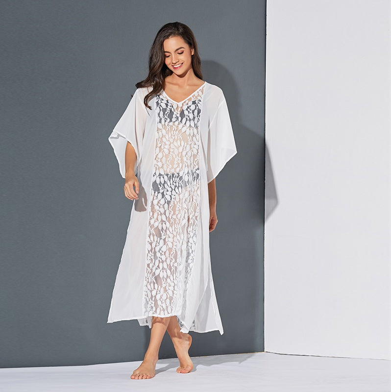 KittenAlarm - Women Lace Sheer Hollow Short Sleeve Side slit Long Maxi Sun Dress