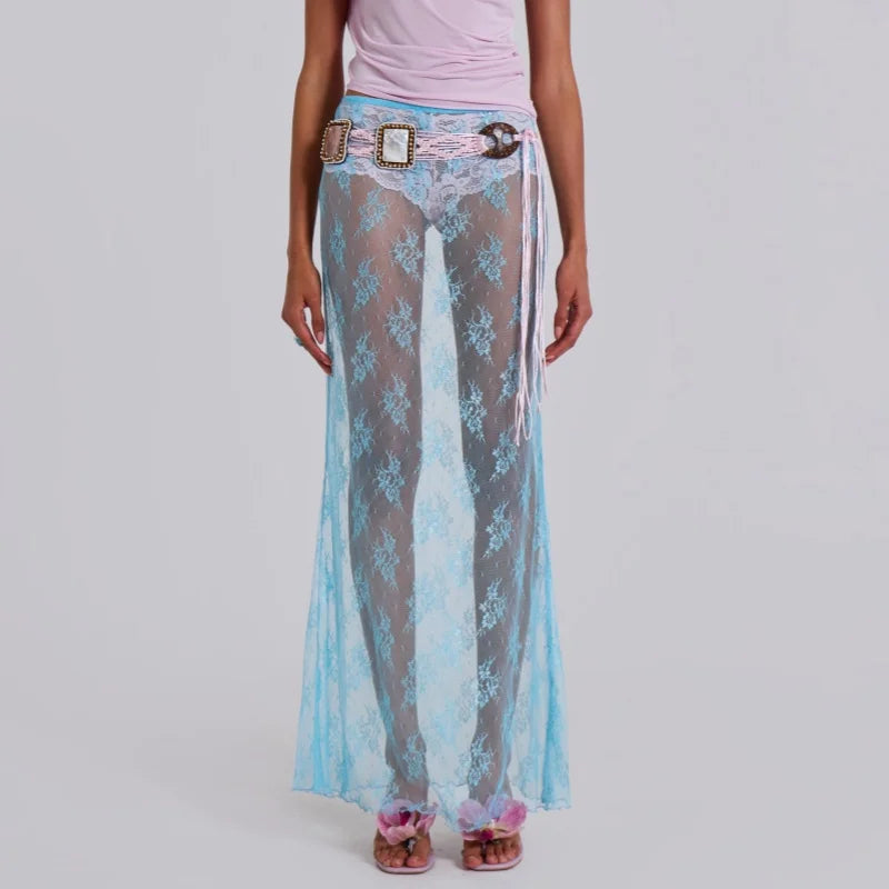 Lace Sheer Maxi Split Sexy See Through Cover Up Beach Skirt - Fashionpara