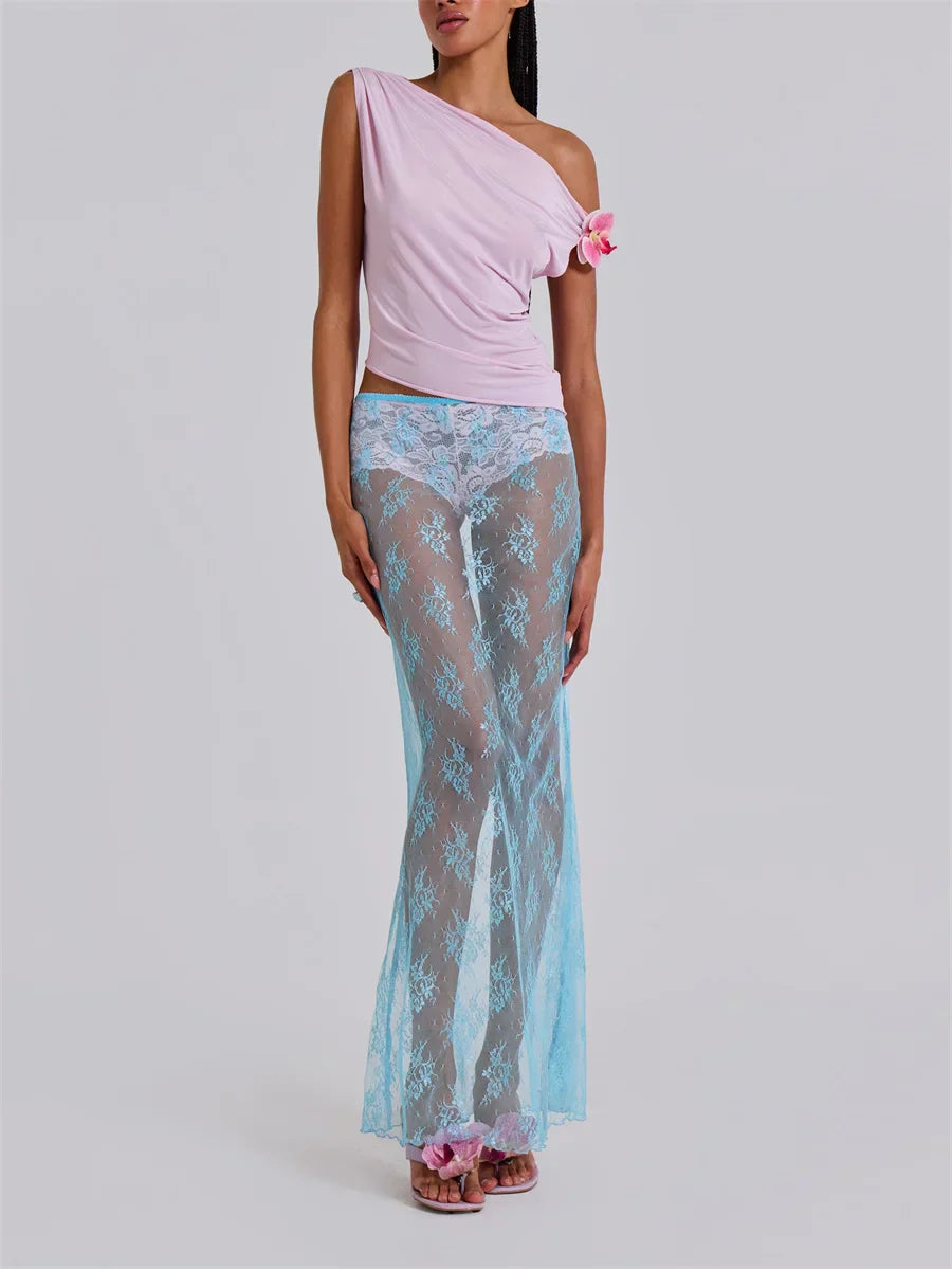 Lace Sheer Maxi Split Sexy See Through Cover Up Beach Skirt - Fashionpara