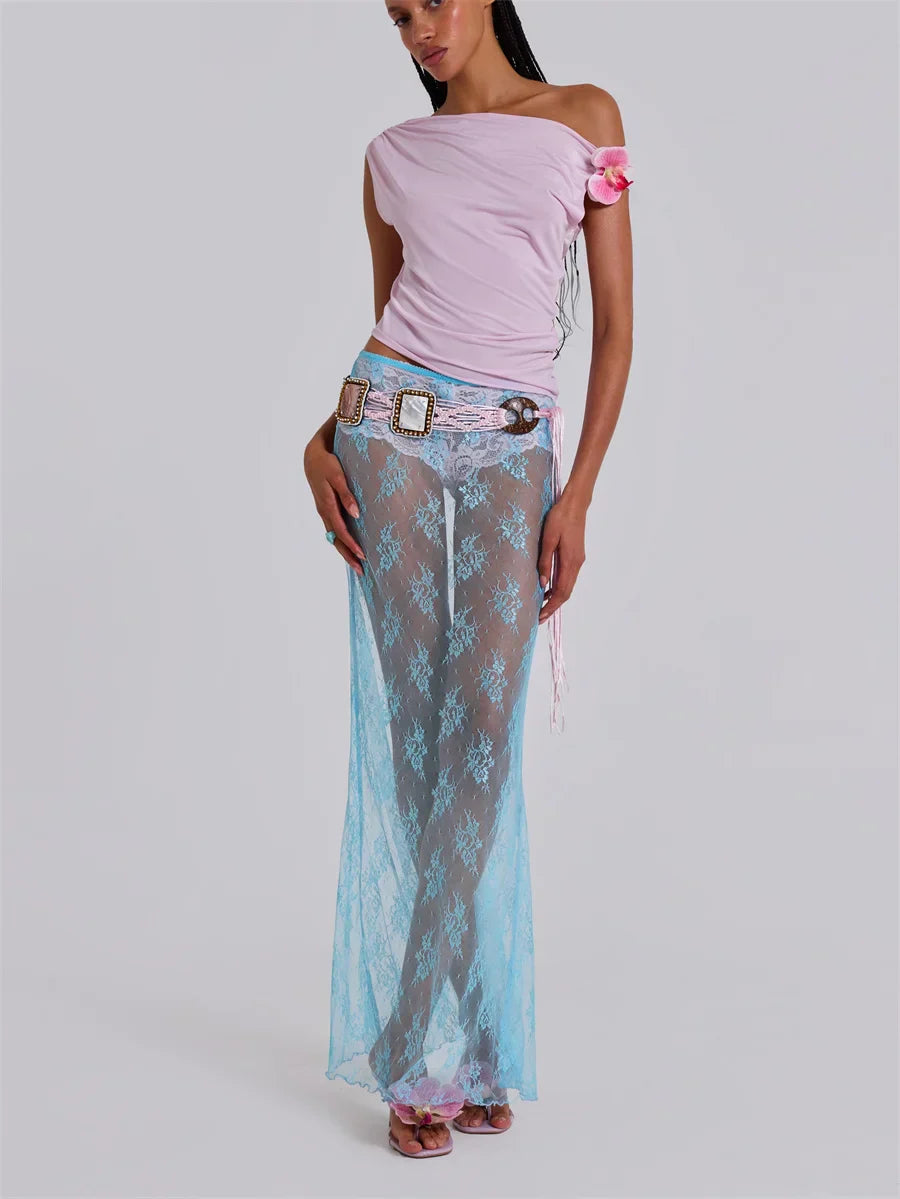 Lace Sheer Maxi Split Sexy See Through Cover Up Beach Skirt - Fashionpara