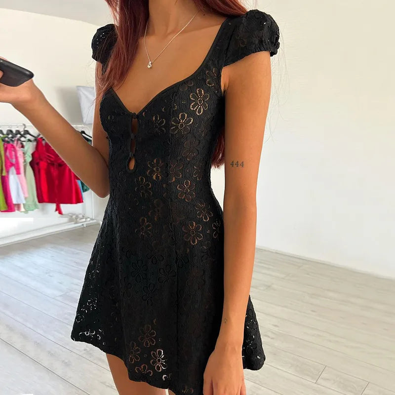 Lace Ruffle Backless Mini Dress