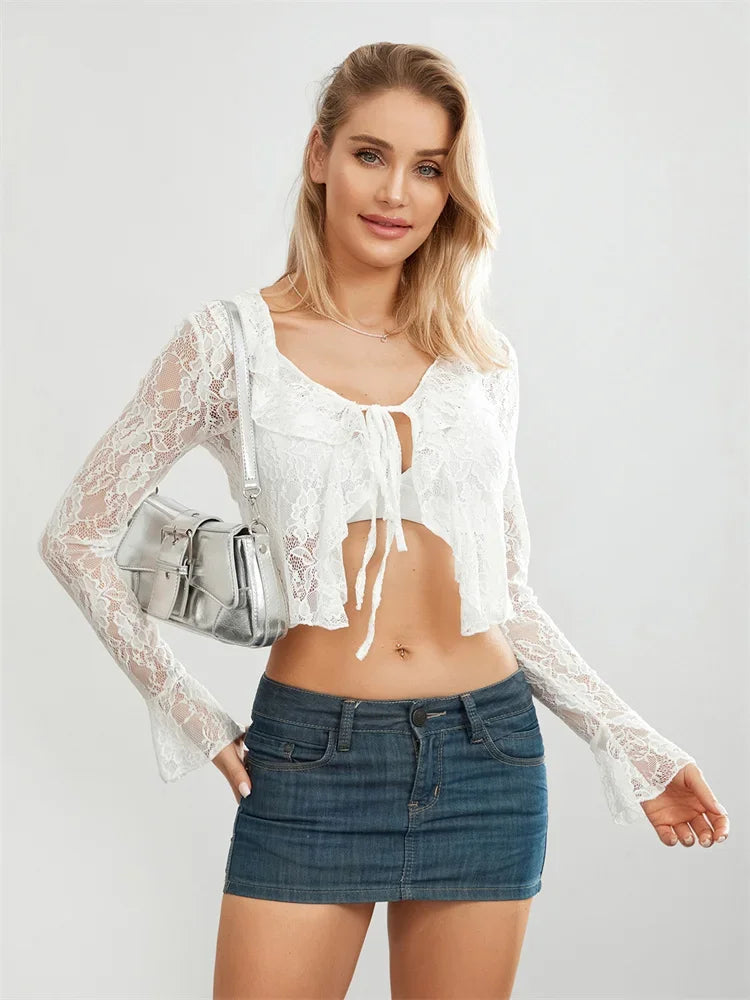 Lace Flare Sleeve Tie Up See Through Blouse