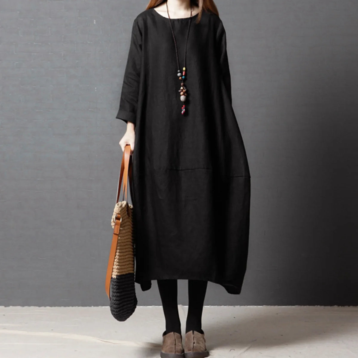 Cotton-Linen Round-Neck Long-Sleeve Loose Cocoon Midi Dress