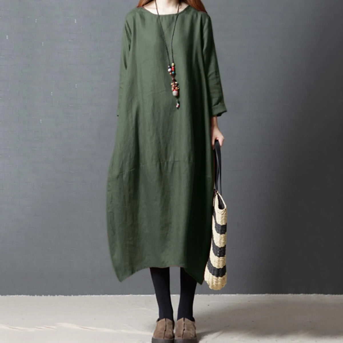 Cotton-Linen Round-Neck Long-Sleeve Loose Cocoon Midi Dress 3