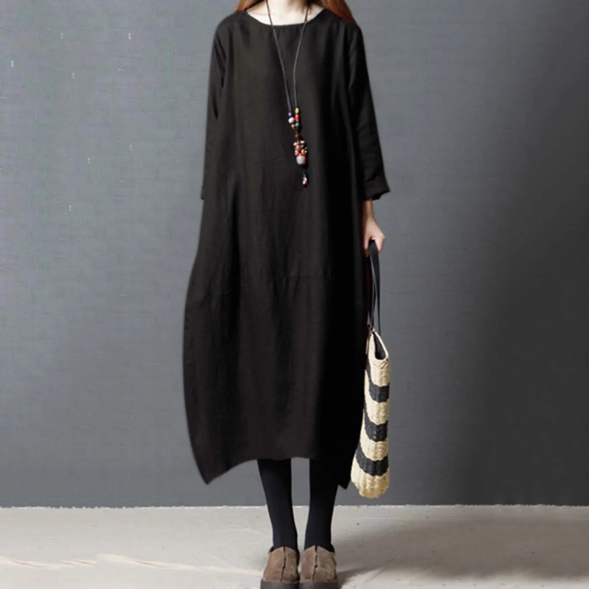 Cotton-Linen Round-Neck Long-Sleeve Loose Cocoon Midi Dress 7