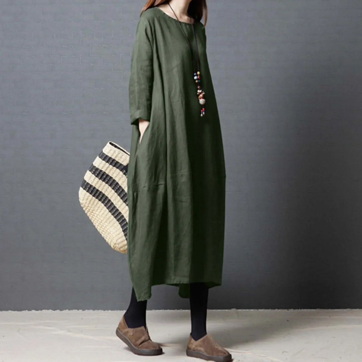 Cotton-Linen Round-Neck Long-Sleeve Loose Cocoon Midi Dress 4