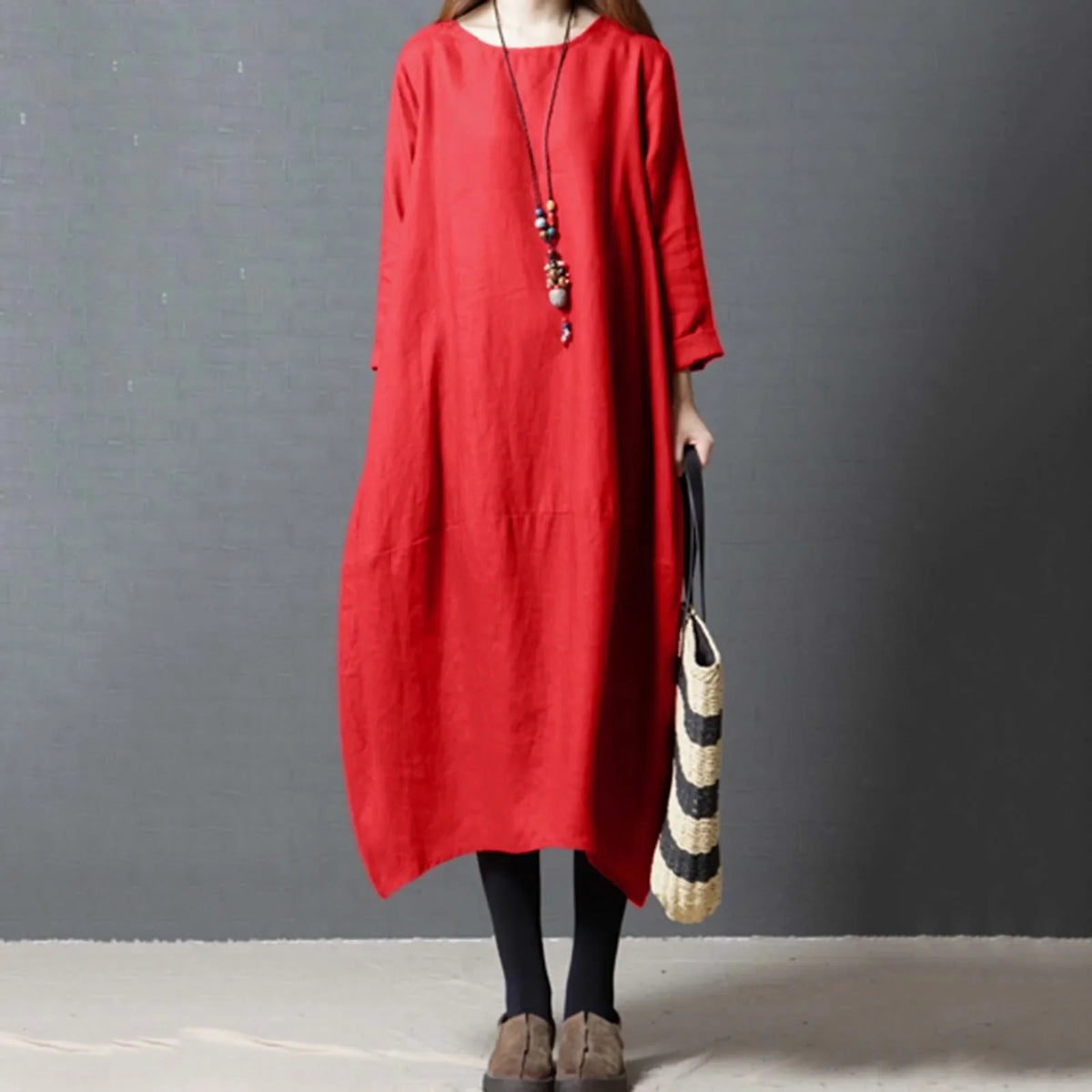 Cotton-Linen Round-Neck Long-Sleeve Loose Cocoon Midi Dress 5