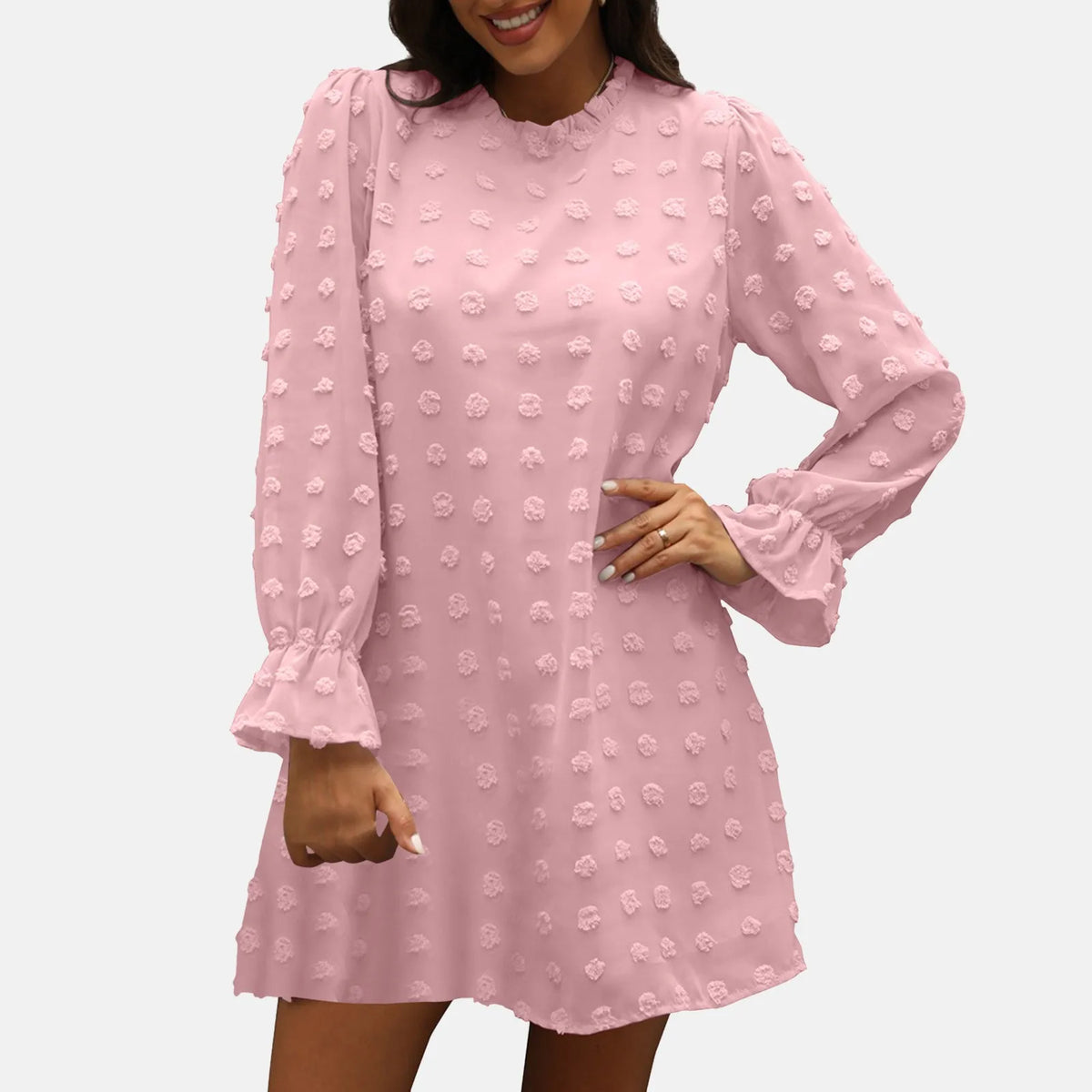 Swiss Dot Chiffon Mock Neck Long Sleeve A-Line Mini Dress