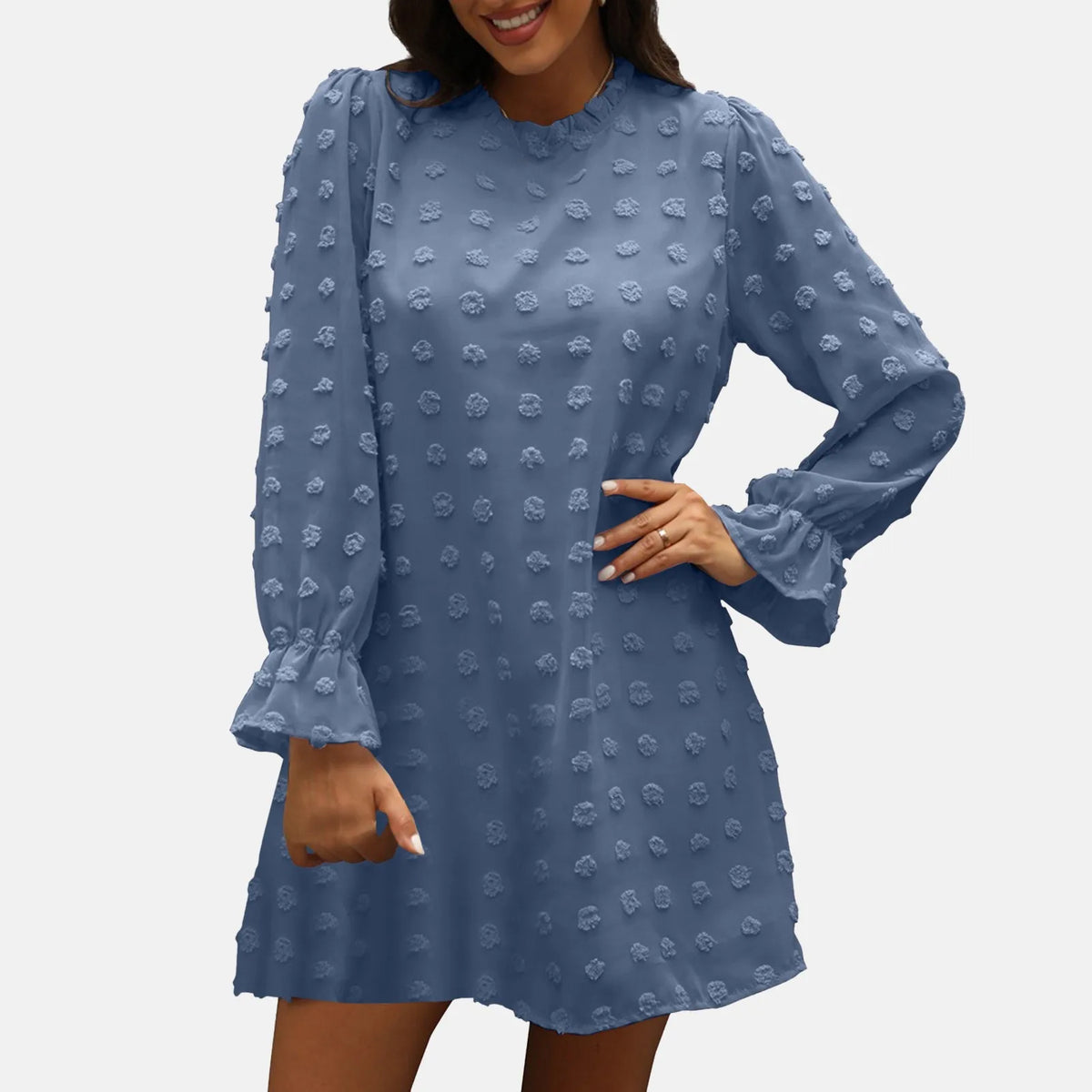 Swiss Dot Chiffon Mock Neck Long Sleeve A-Line Mini Dress 2