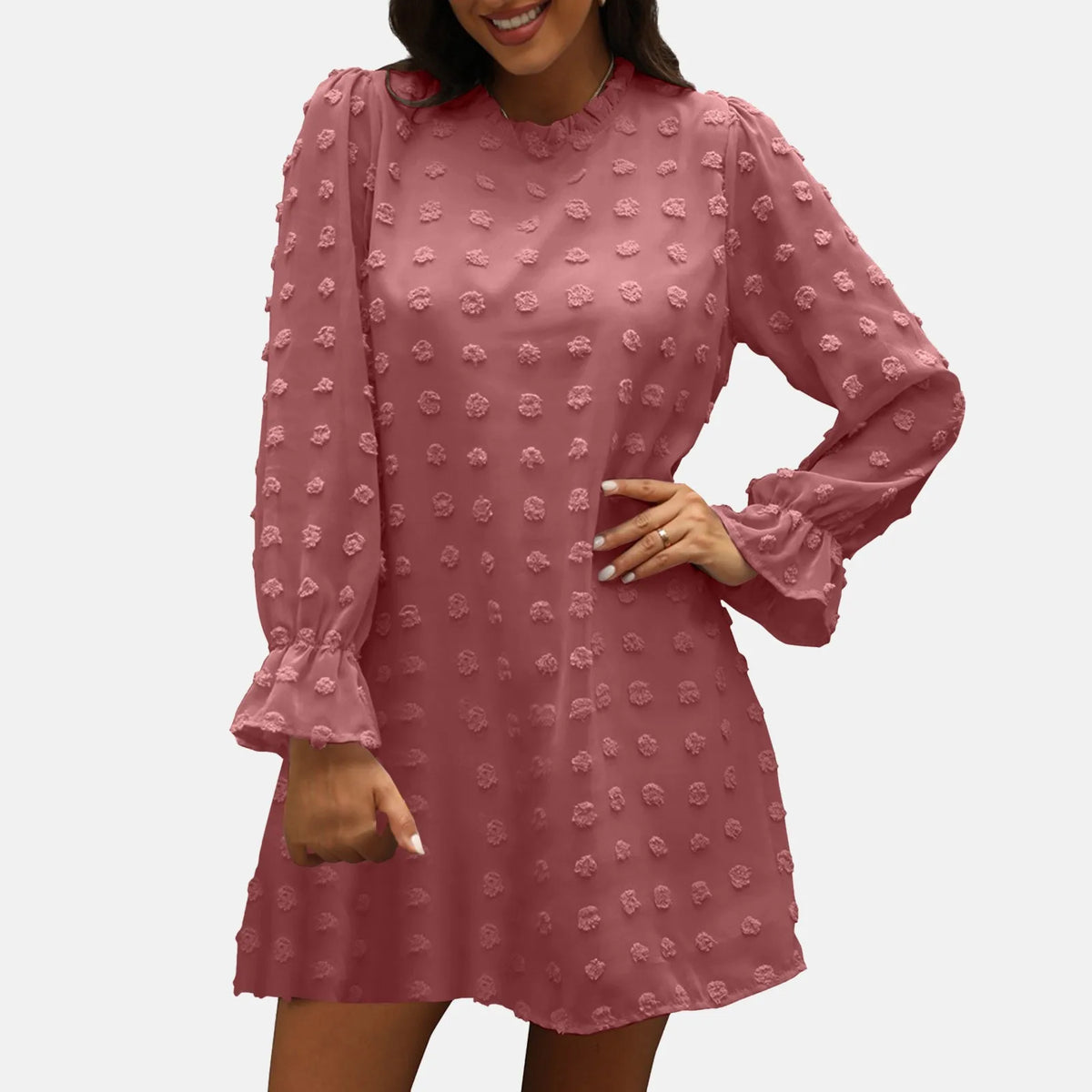 Swiss Dot Chiffon Mock Neck Long Sleeve A-Line Mini Dress 3