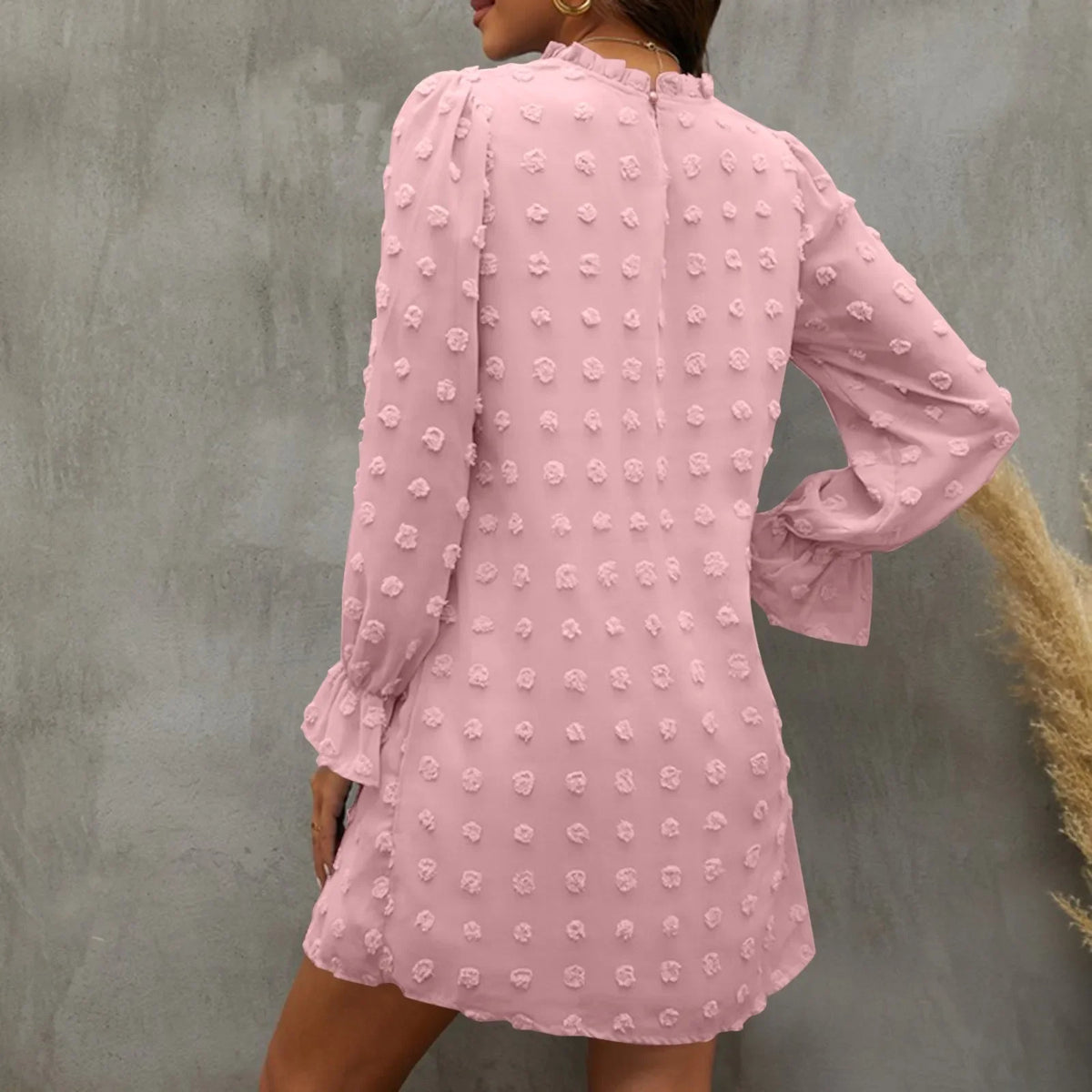 Swiss Dot Chiffon Mock Neck Long Sleeve A-Line Mini Dress 5
