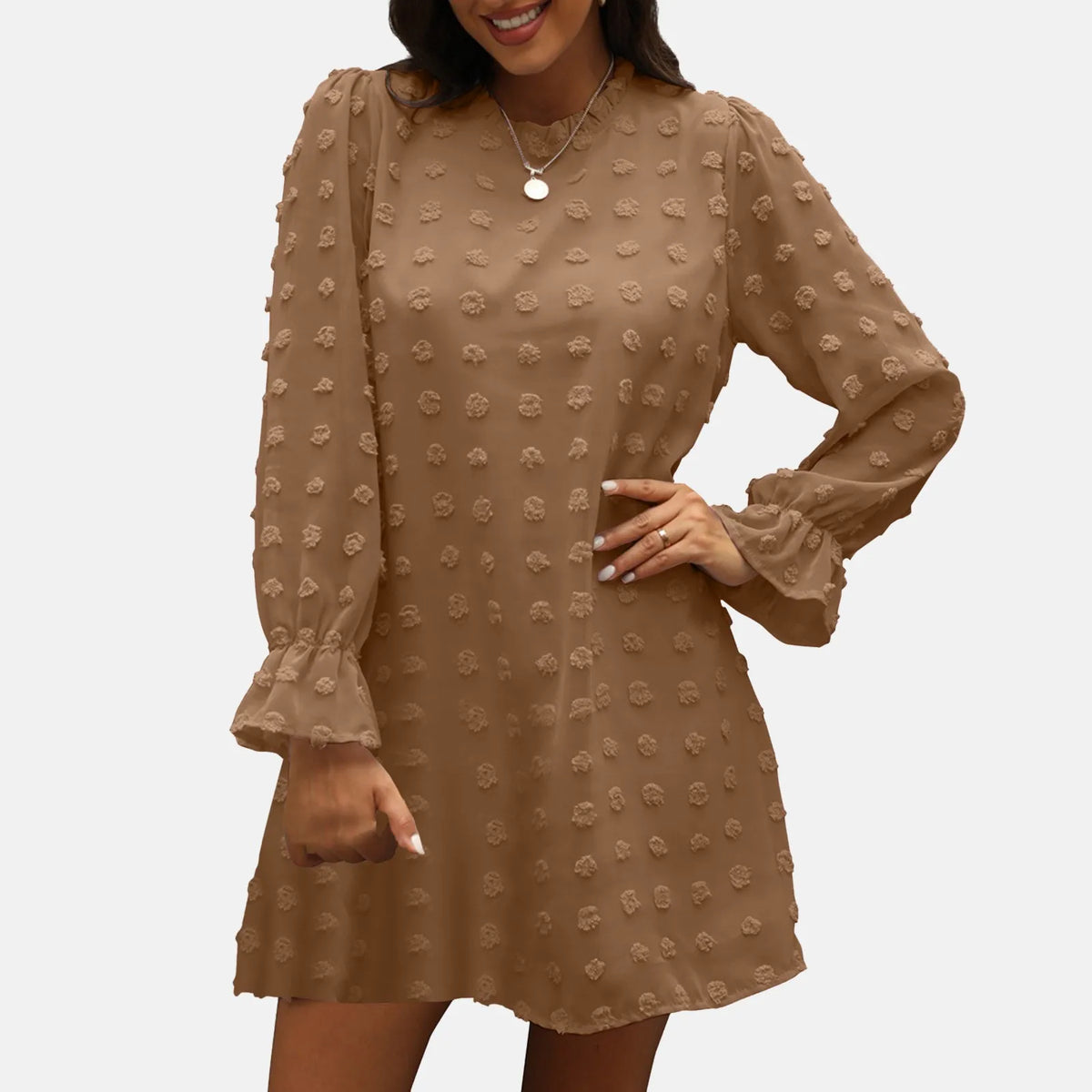 Swiss Dot Chiffon Mock Neck Long Sleeve A-Line Mini Dress 4