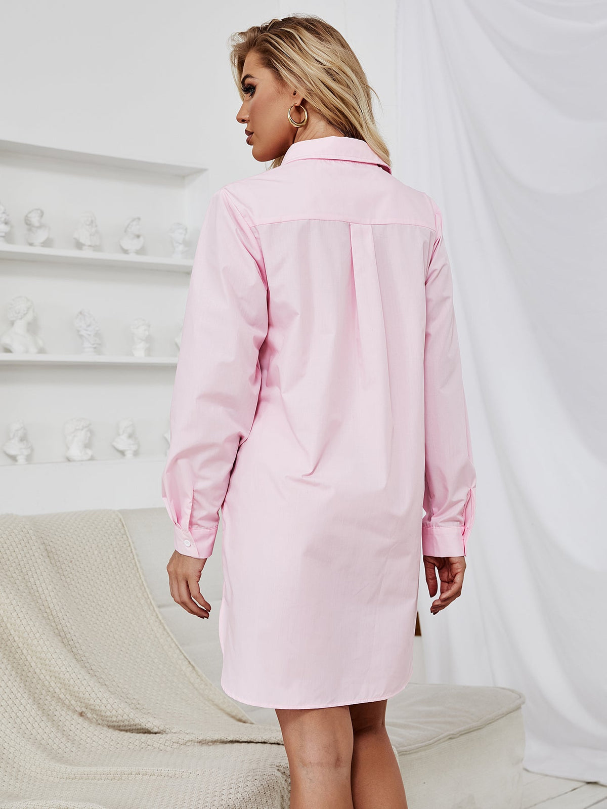 KittenAlarm - Women Long Sleeve Solid Color Casual Button Shirt Dress Short Dresses