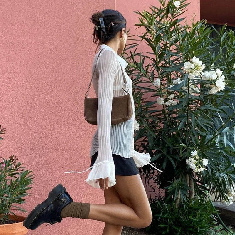 Mesh Sheer Flare Sleeve Crop Blouse