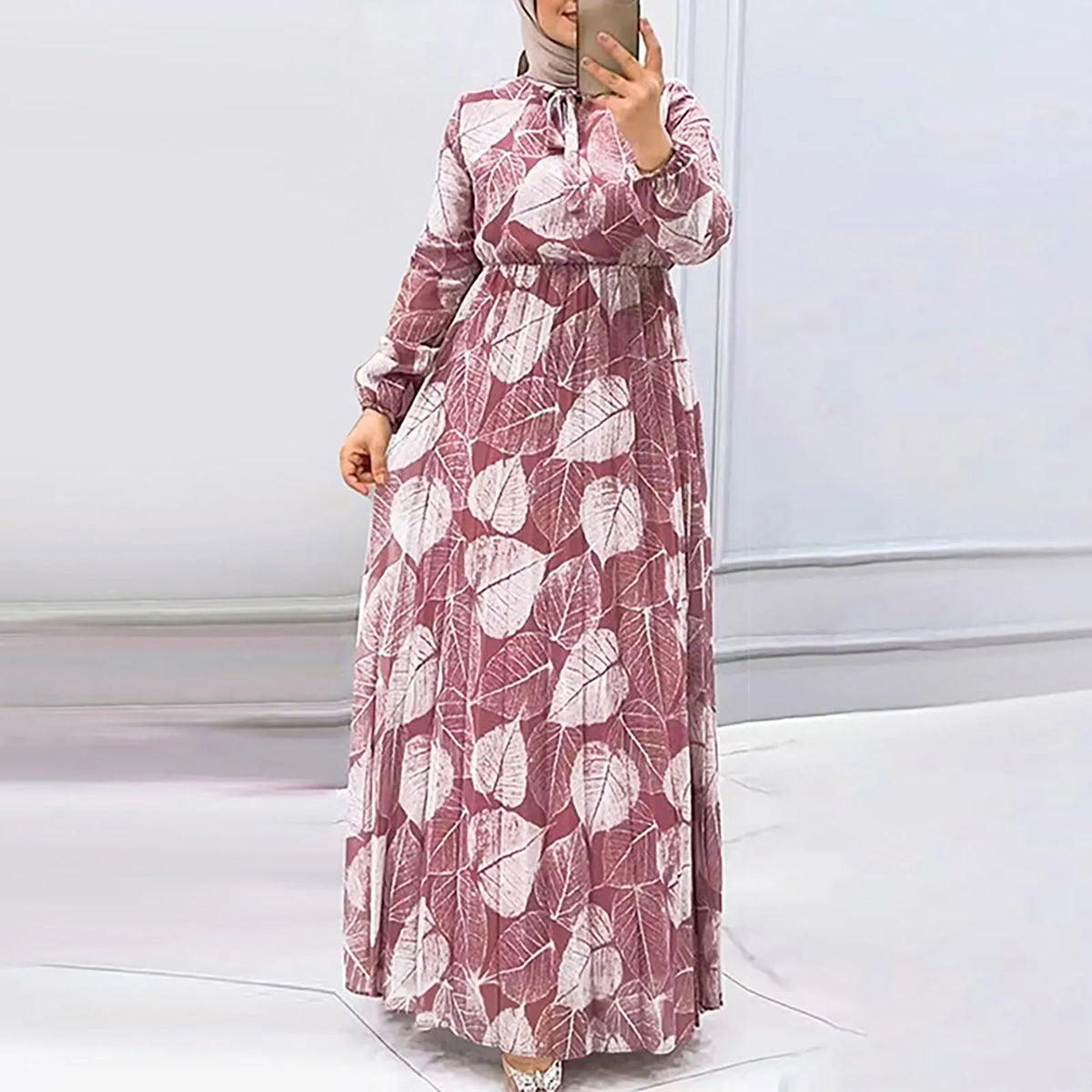 Middle East Dubai Robe Casual Muslim Printed Long Sleeves Maxi Marocain Turkish Robe Femme Dress