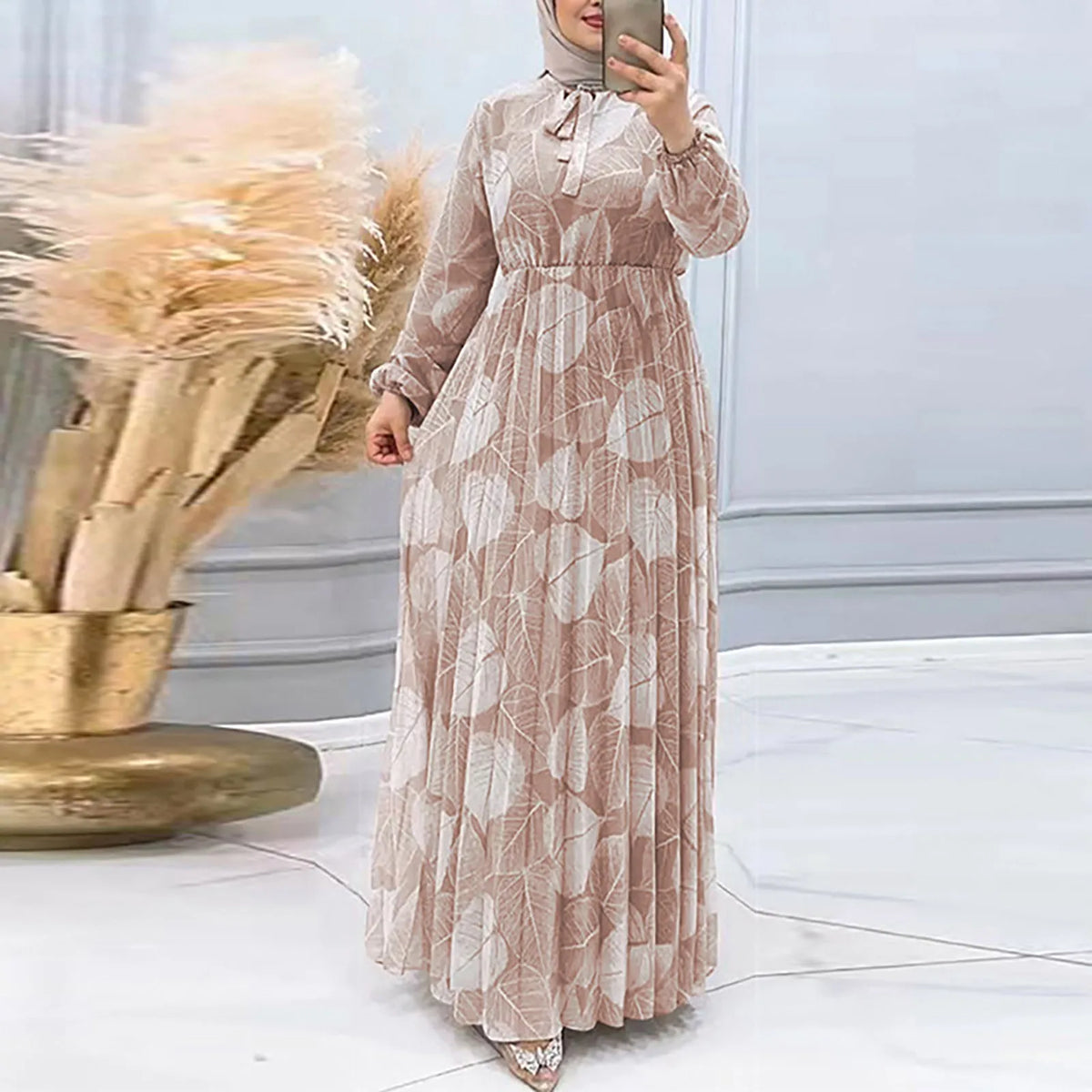 Middle East Dubai Robe Casual Muslim Printed Long Sleeves Maxi Marocain Turkish Robe Femme Dress 3