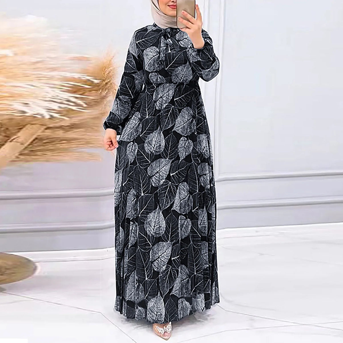 Middle East Dubai Robe Casual Muslim Printed Long Sleeves Maxi Marocain Turkish Robe Femme Dress 2