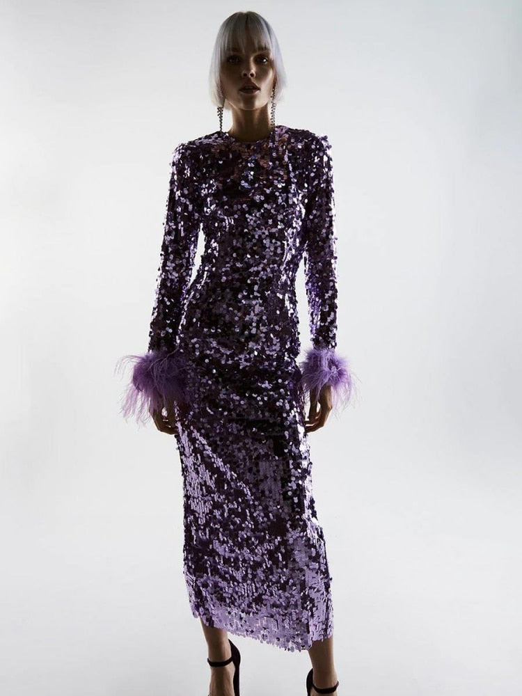 Sequin Round Neck Long Sleeve Feather-Cuff Bodycon Dress 9
