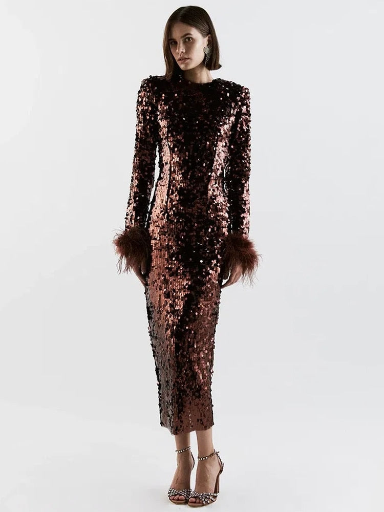 Sequin Round Neck Long Sleeve Feather-Cuff Bodycon Dress 3
