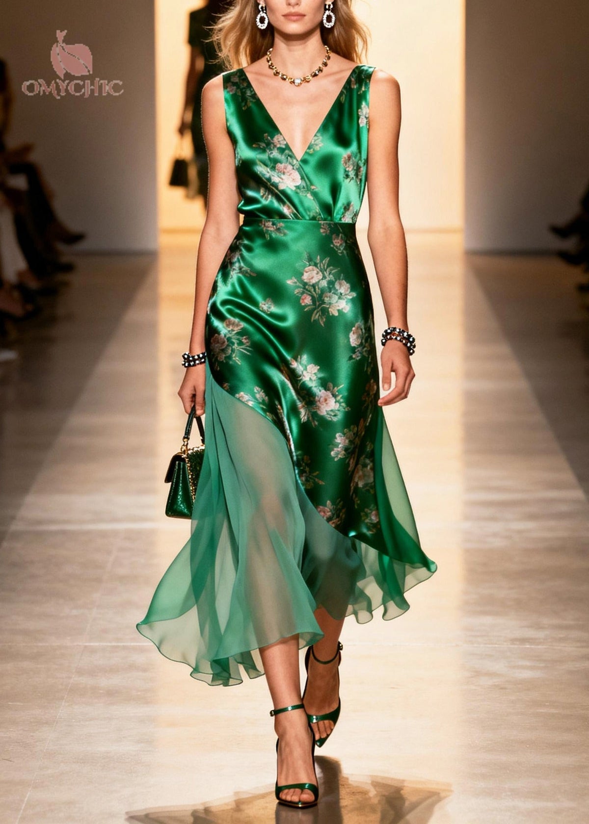 Satin Floral Print Deep V-Neck Sleeveless Asymmetric Midi Dress - View 3