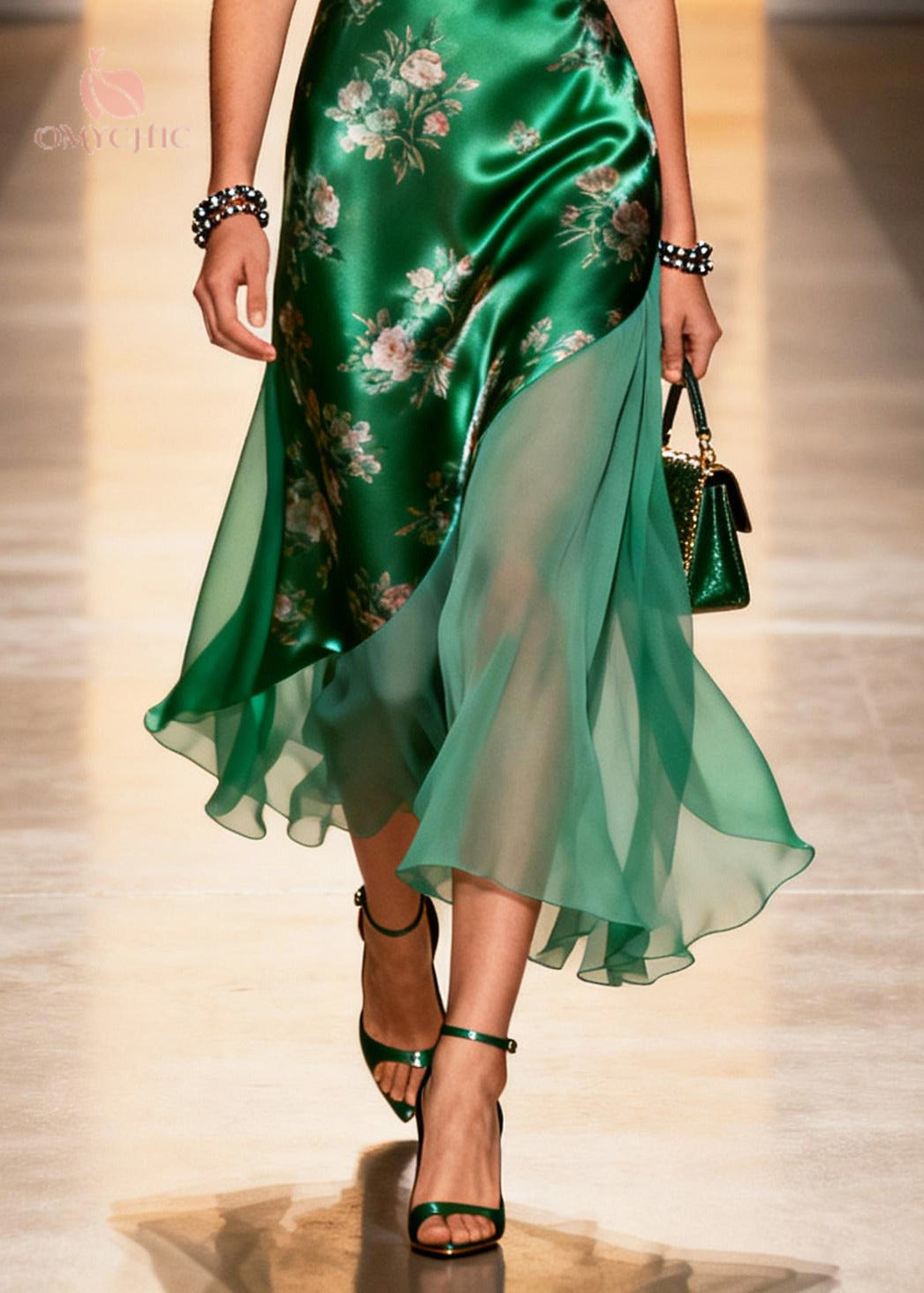 Satin Floral Print Deep V-Neck Sleeveless Asymmetric Midi Dress - View 4