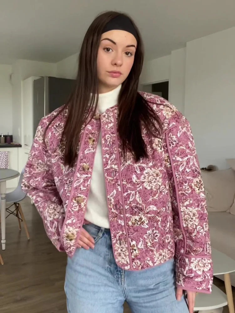 Casual Floral Warm Pink Cotton Jacket
