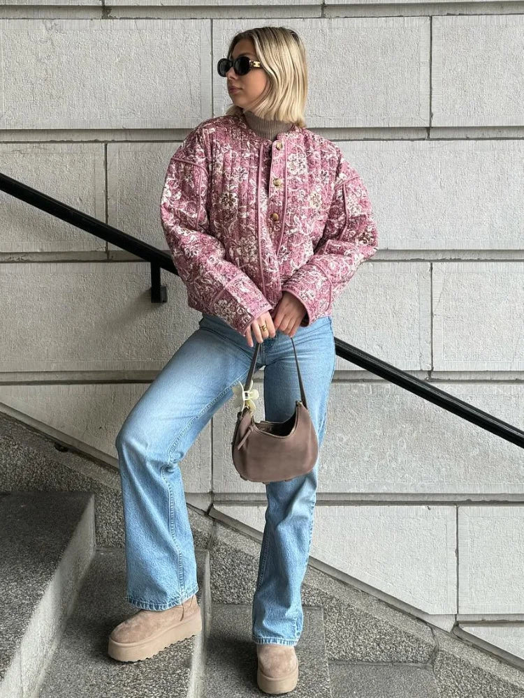 Casual Floral Warm Pink Cotton Jacket 3