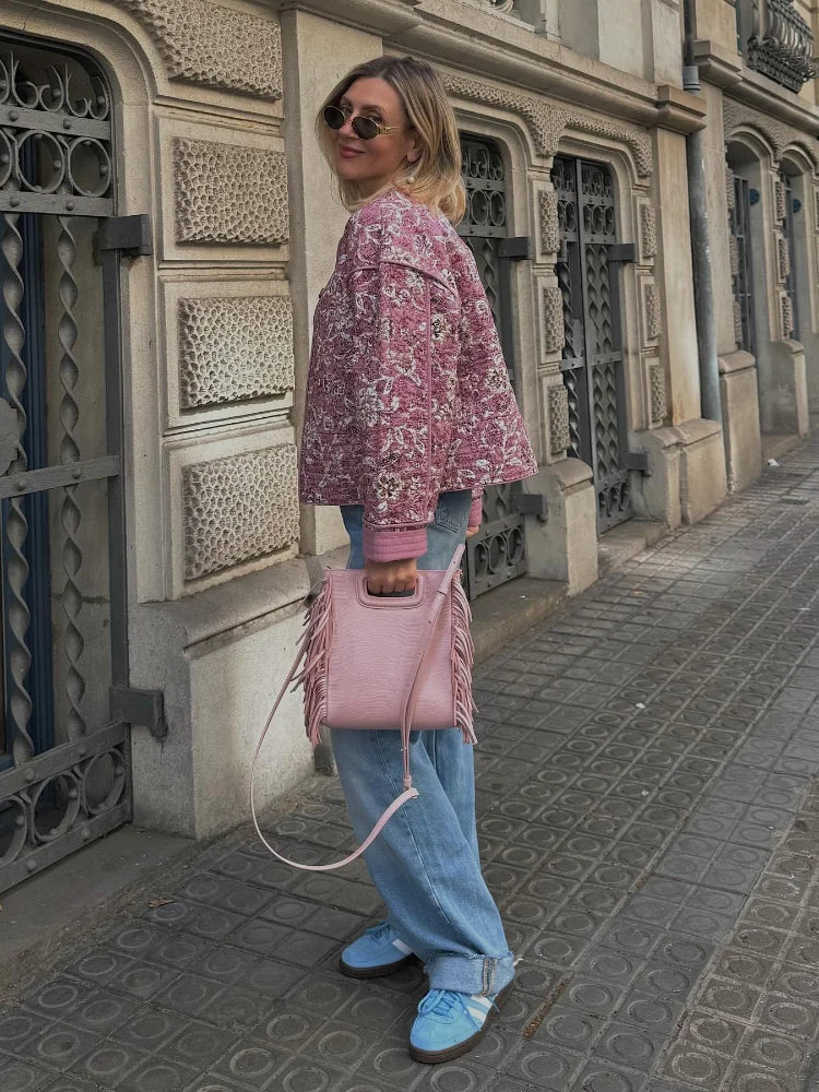 Casual Floral Warm Pink Cotton Jacket 4