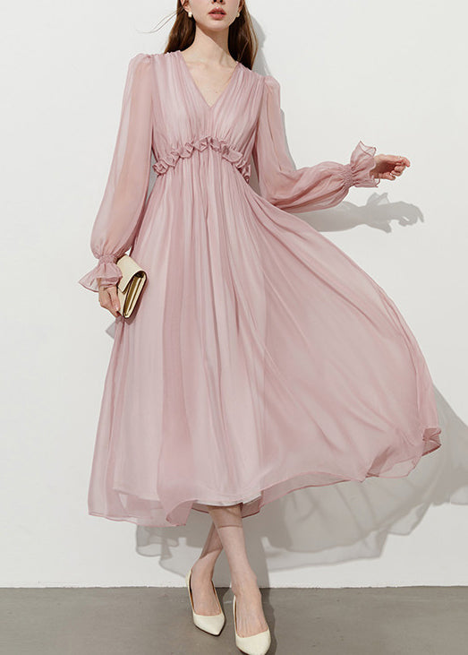 V-Neck Long Puff Sleeve Ruffle Empire Waist Chiffon Midi Dress