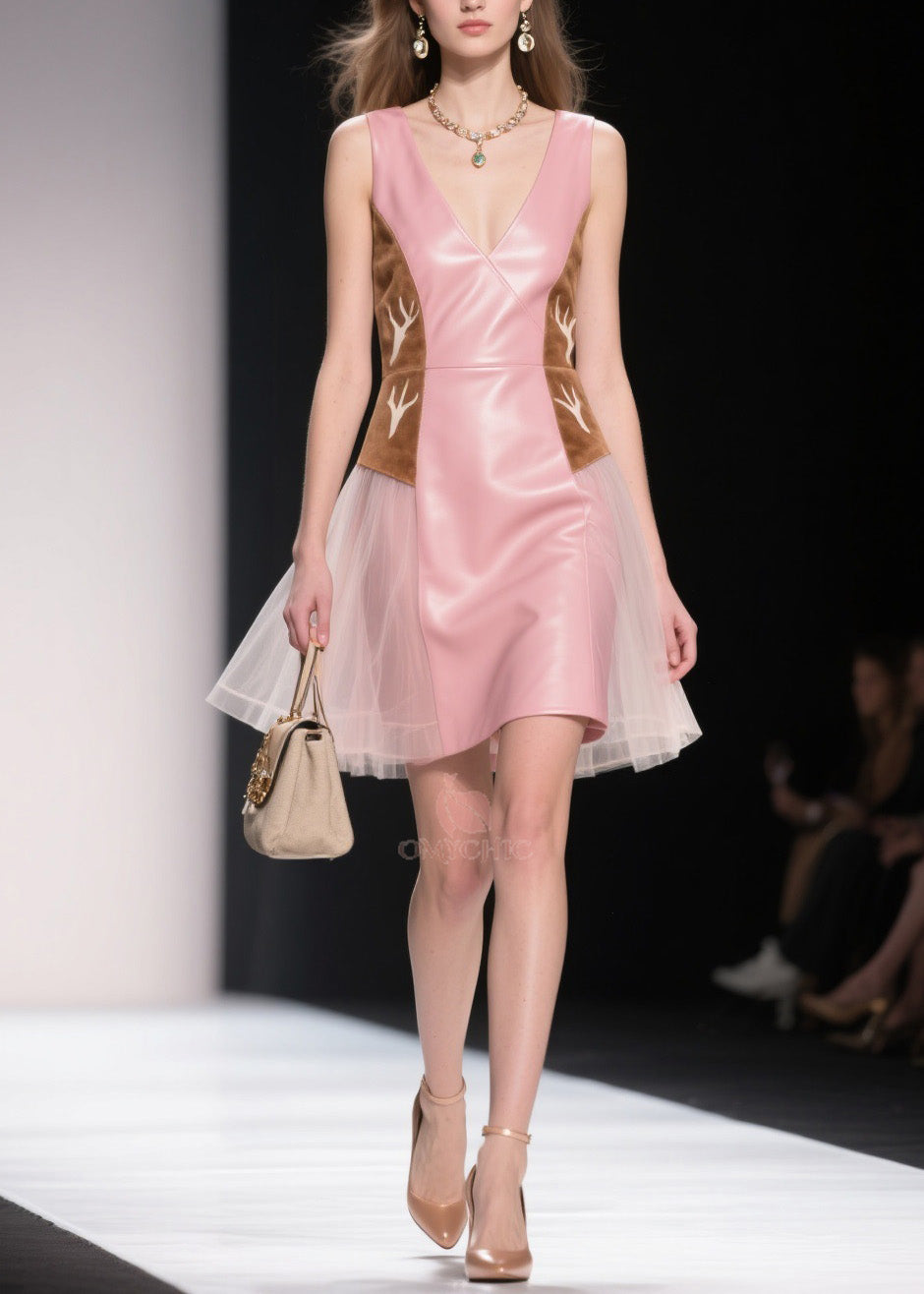 Deep V-Neck Sleeveless Faux Leather Antler Embroidery Mini Dress
