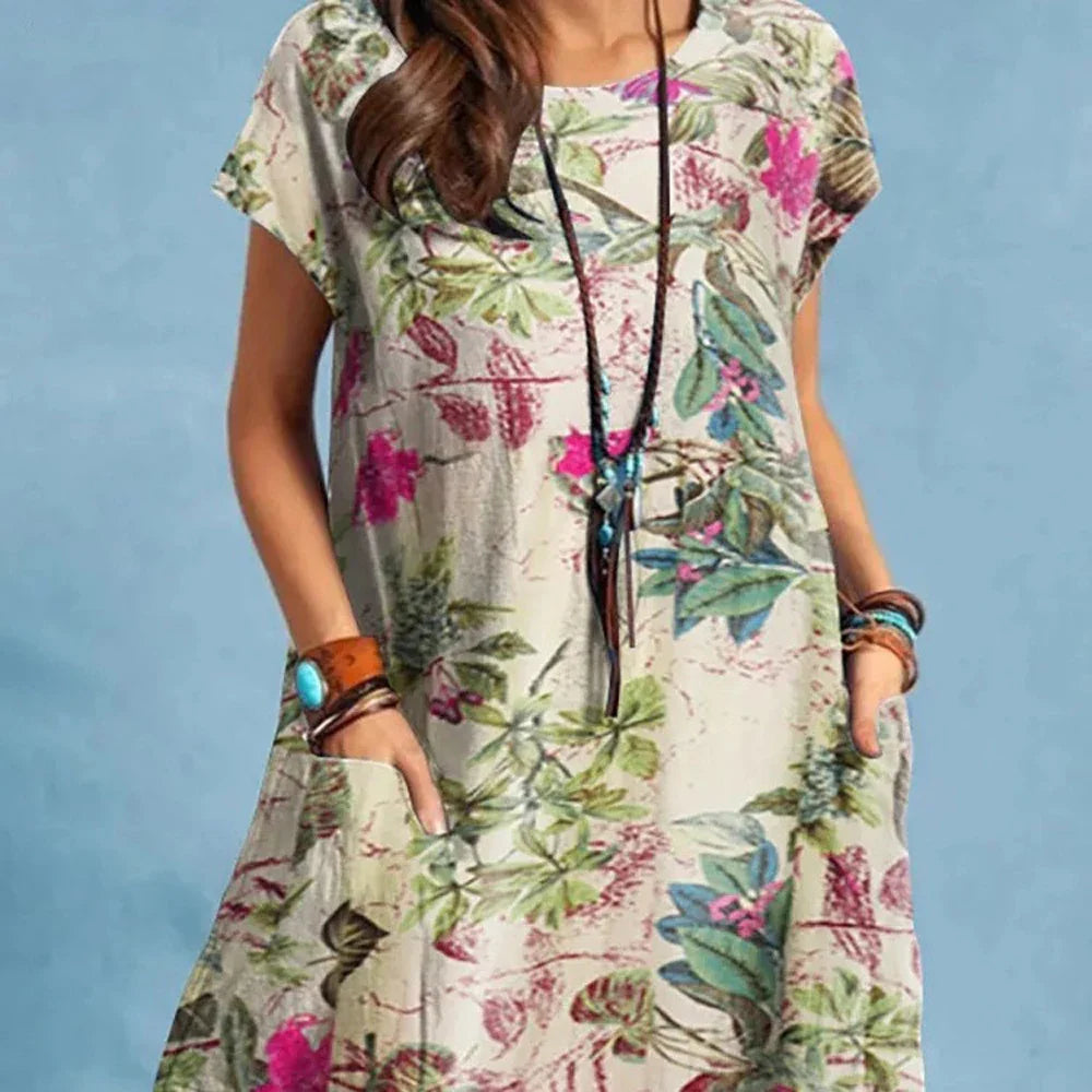 Cotton Linen Loose O-neck Floral Dress