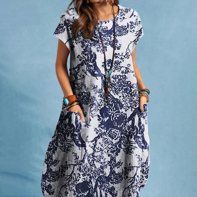 Cotton Linen Loose O-neck Floral Dress