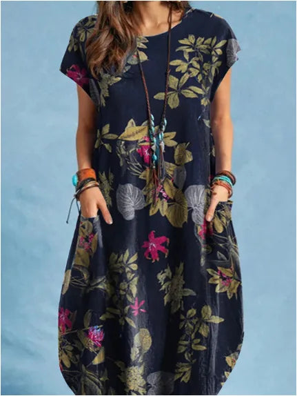 Cotton Linen Loose O-neck Floral Dress