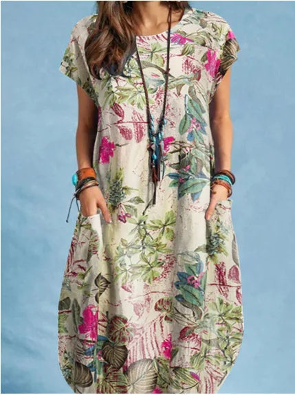 Cotton Linen Loose O-neck Floral Dress