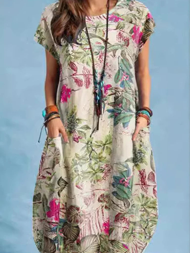 Cotton Linen Loose O-neck Floral Dress
