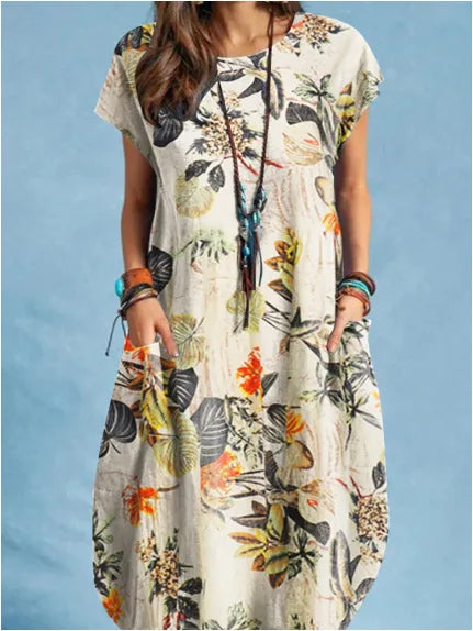 Cotton Linen Loose O-neck Floral Dress