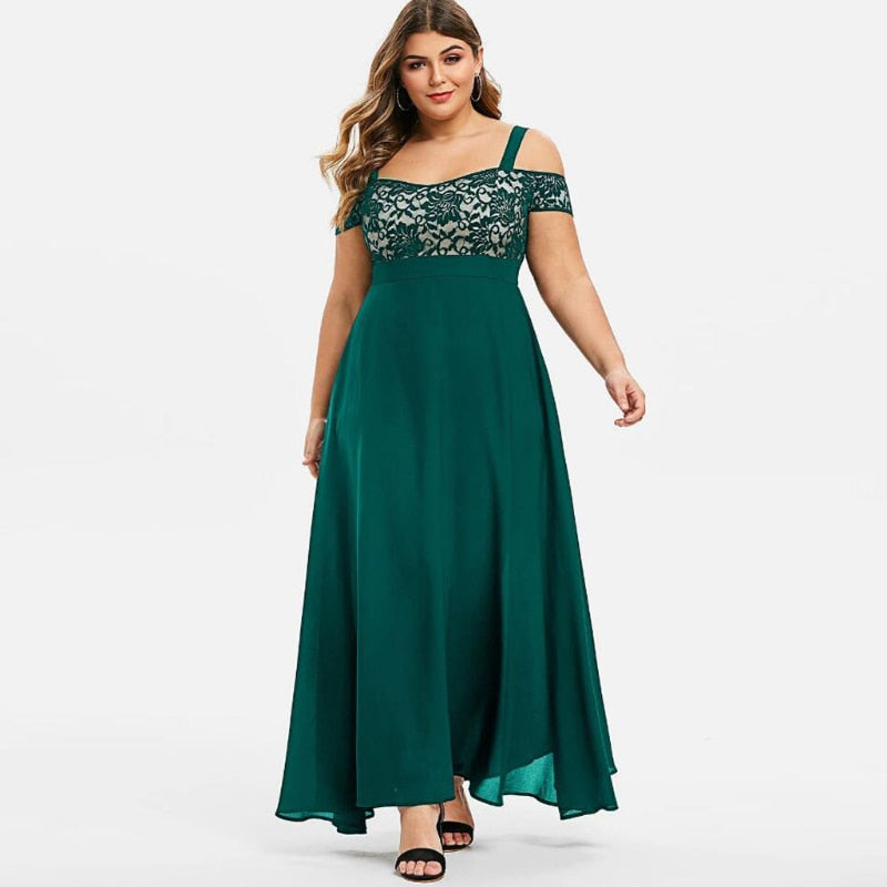 Floral Lace Cold-Shoulder Empire Waist Chiffon Maxi Dress 13