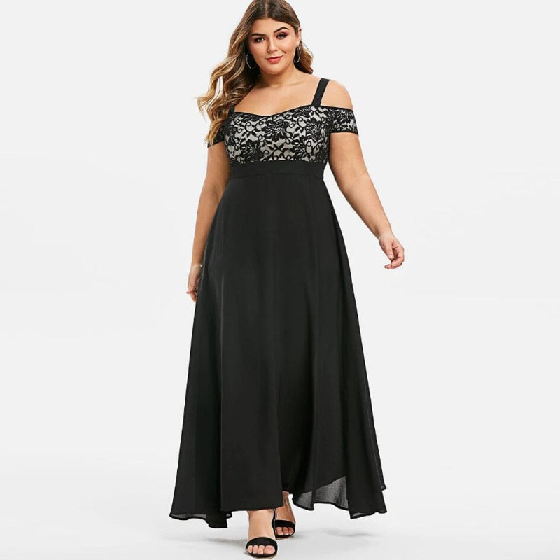 Floral Lace Cold-Shoulder Empire Waist Chiffon Maxi Dress 14